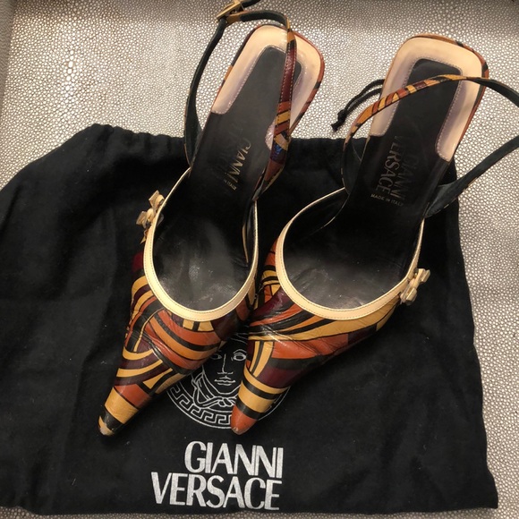 Versace Shoes - Vintage GIANNI VERSACE Slingback Heels Geometrical Sandal Size 35.5, 3” heel